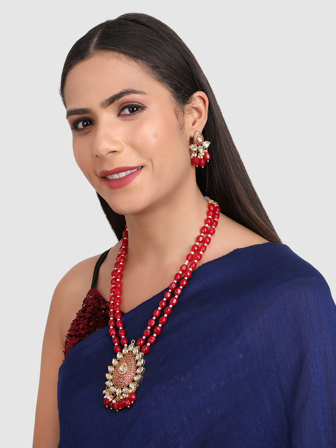 Women Red & Gold-Plated Kundan Studded Necklace and Earrings