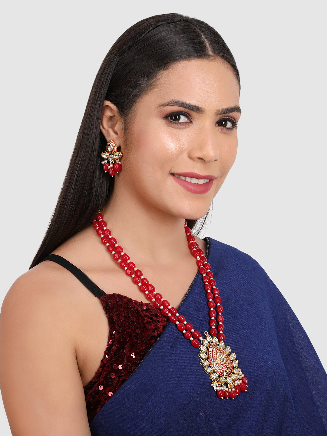 Women Red & Gold-Plated Kundan Studded Necklace and Earrings