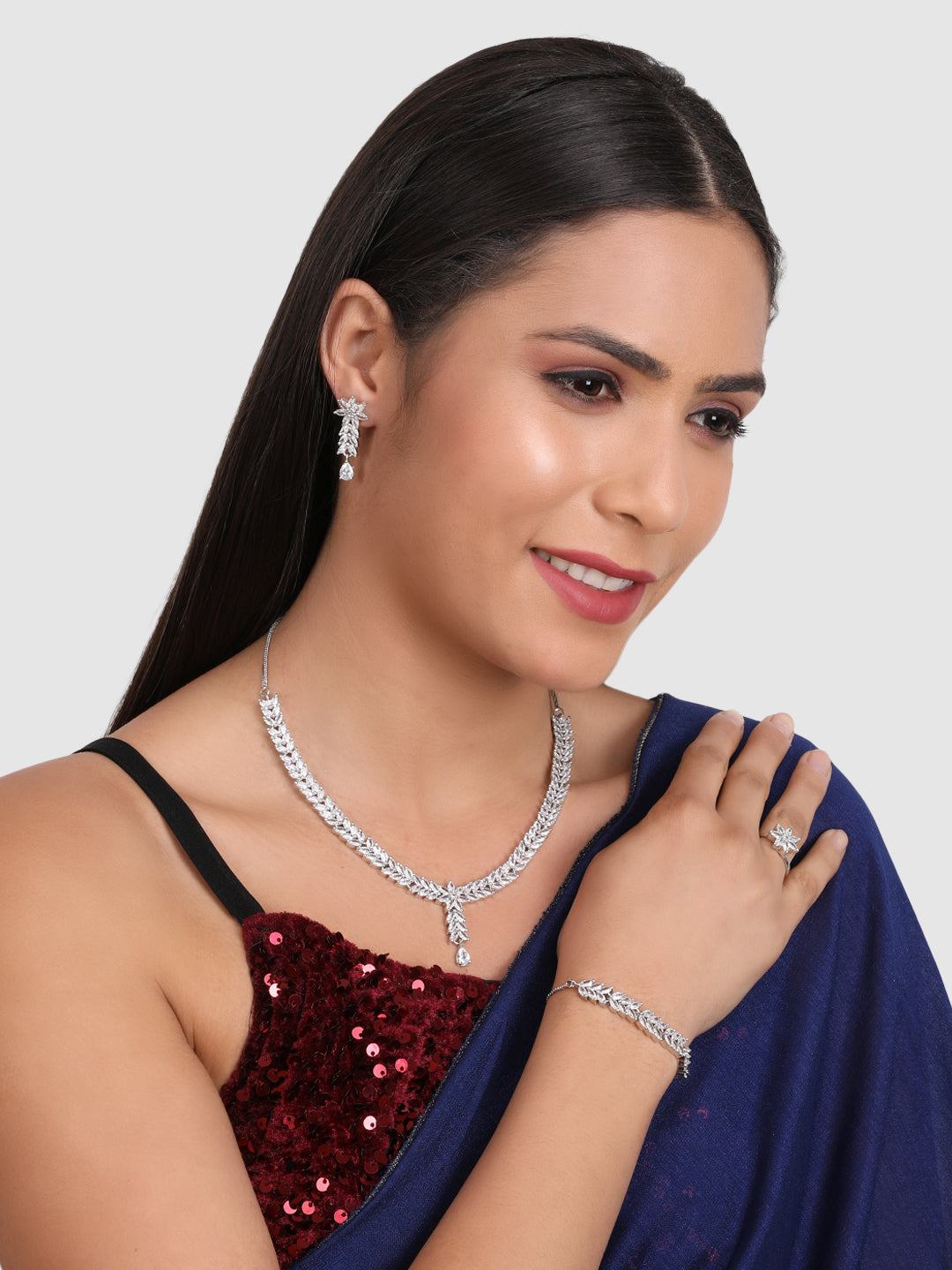 Silver-Plated White AD Studded Jewellery Set