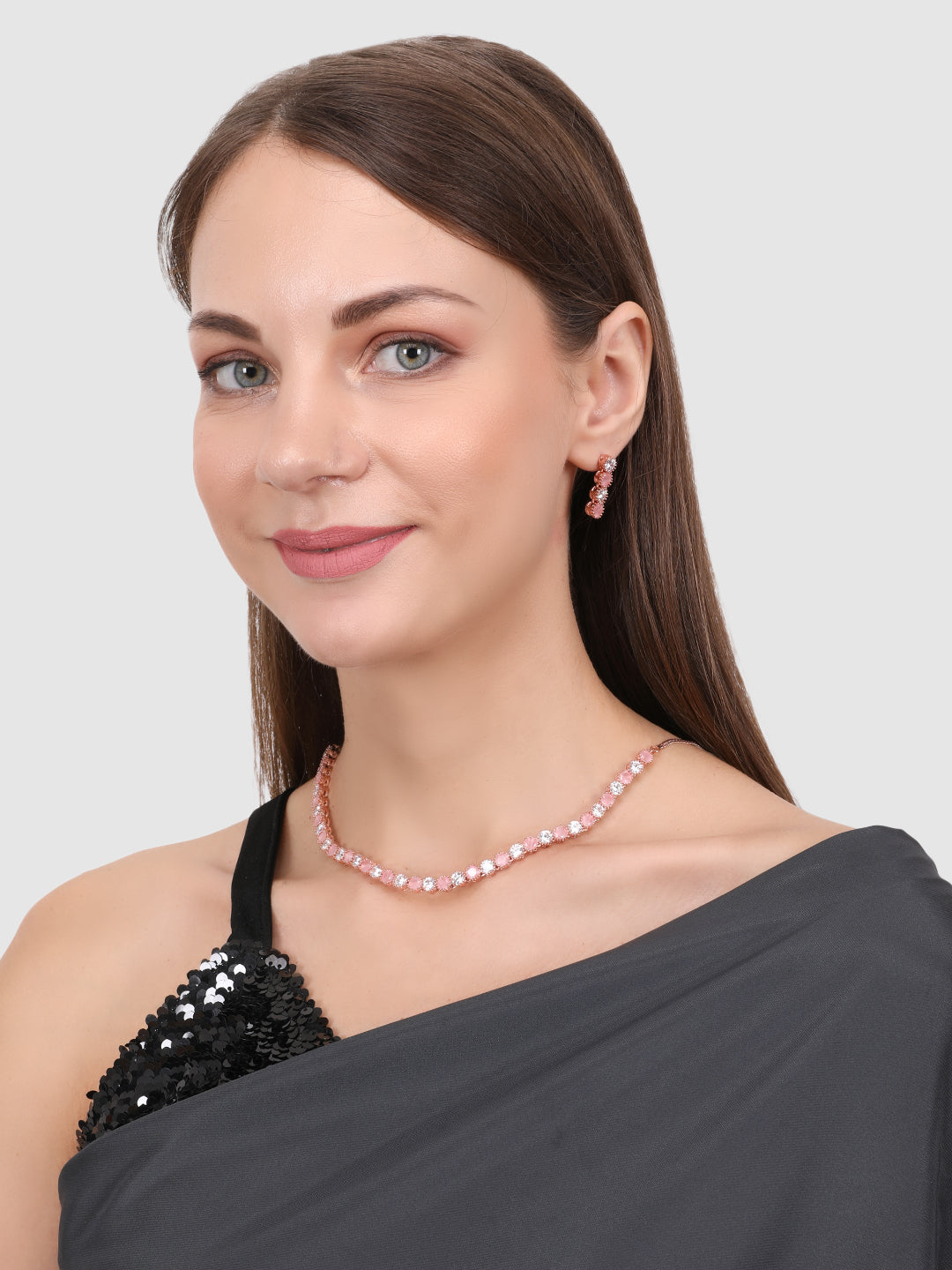 Pink Rose Gold-Plated American Diamond-Studded Handcrafted Jewellery Set