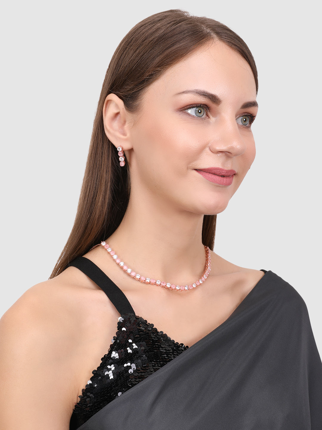 Pink Rose Gold-Plated American Diamond-Studded Handcrafted Jewellery Set