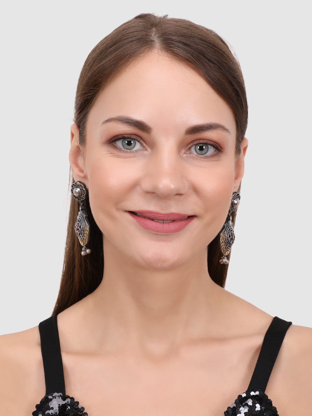 Silver-Toned Oxidized Contemporary Drop Earrings