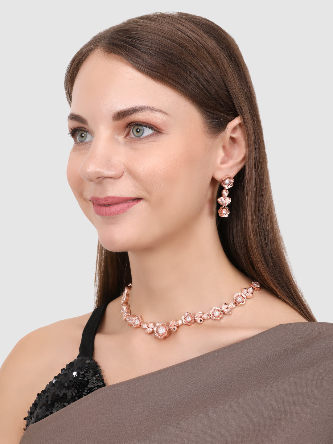 Rose Gold-Plated White AD-Studded Handcrafted Jewellery Set