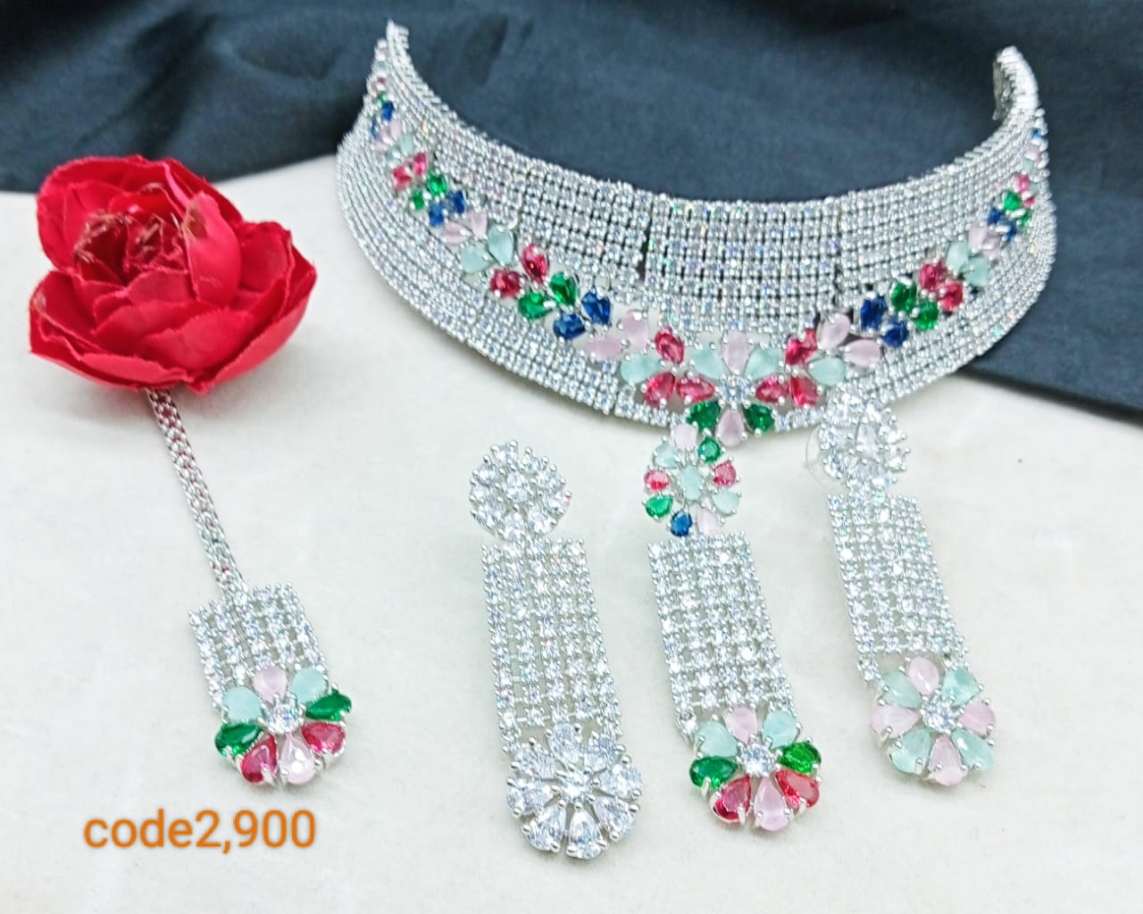 Multi-Color Silver American Diamond Choker Set