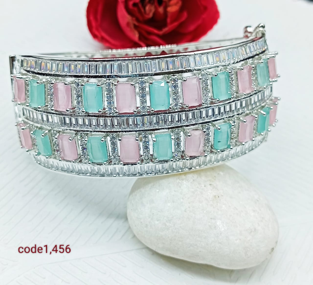 Sea Green & Pink Silver American Diamond Bracelet