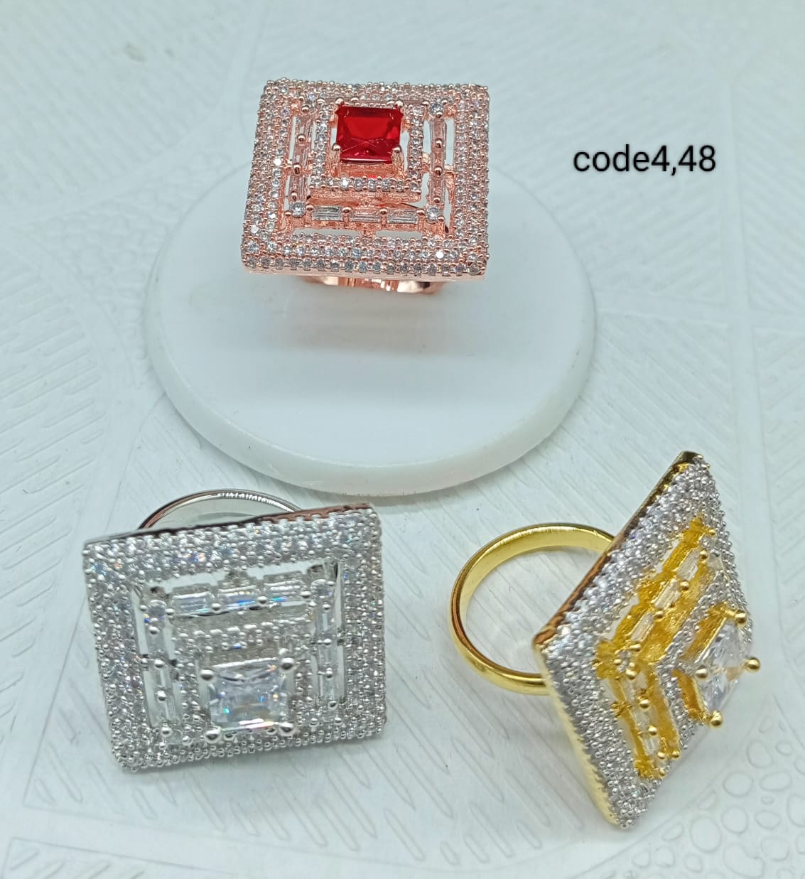 Radiant Square: Adjustable American Diamond Studded Designer Rings in Rose Gold, Gold and Silver