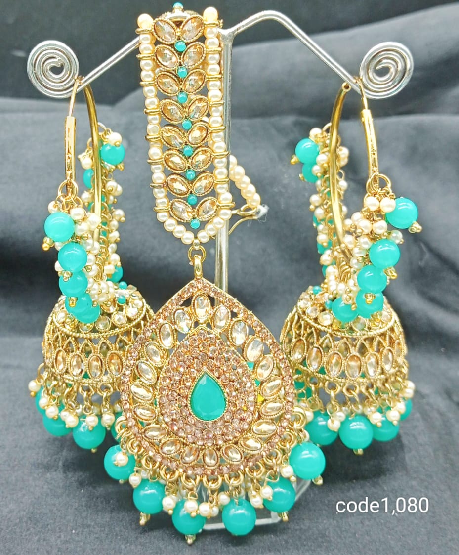 Golden Blue Earrings set with Tika