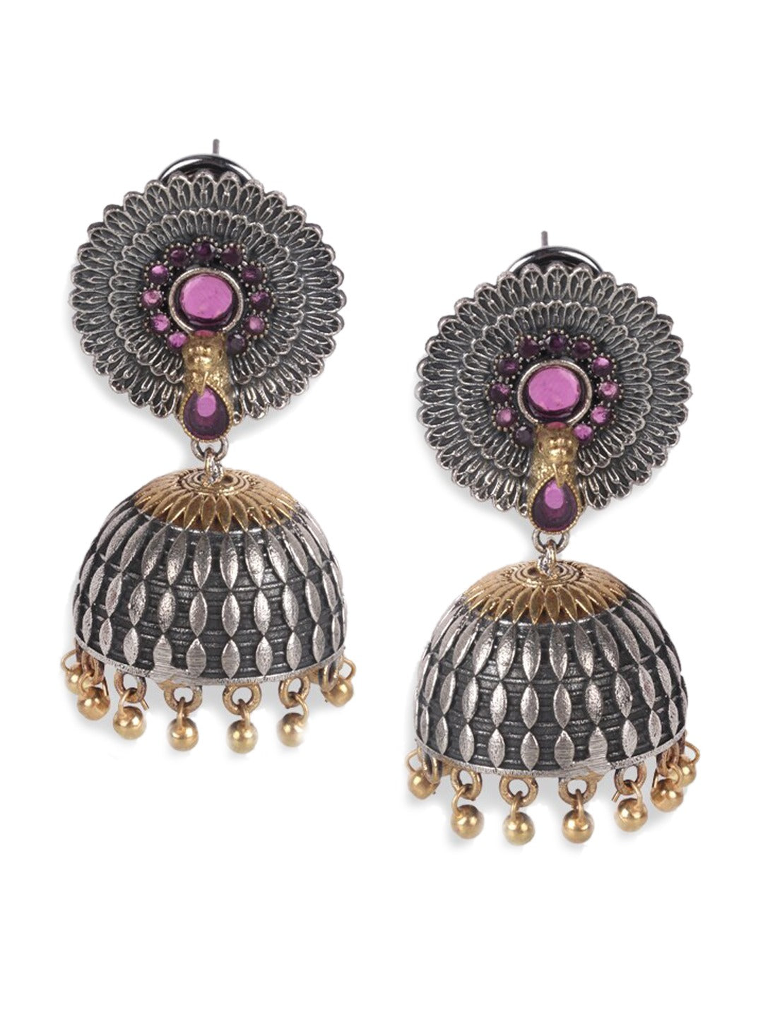 Silver-Toned & Gold-Toned Oxidised Dome Shaped Jhumkas