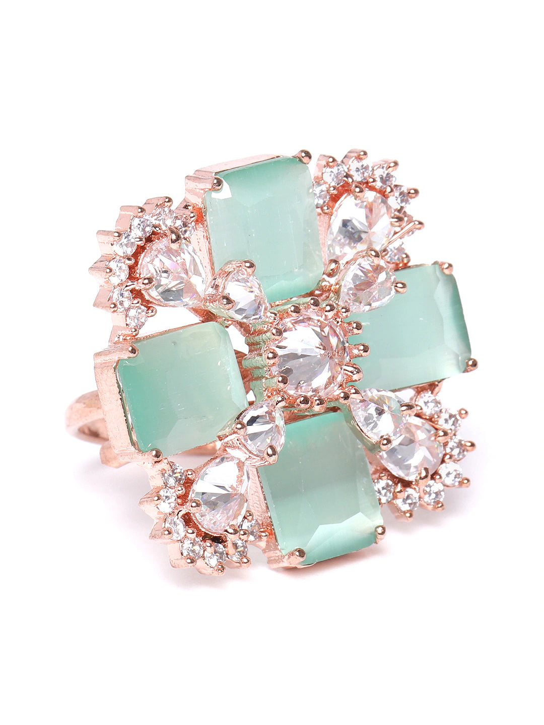 Sea Green Rose Gold-Plated AD-Studded Handcrafted Adjustable Finger Ring