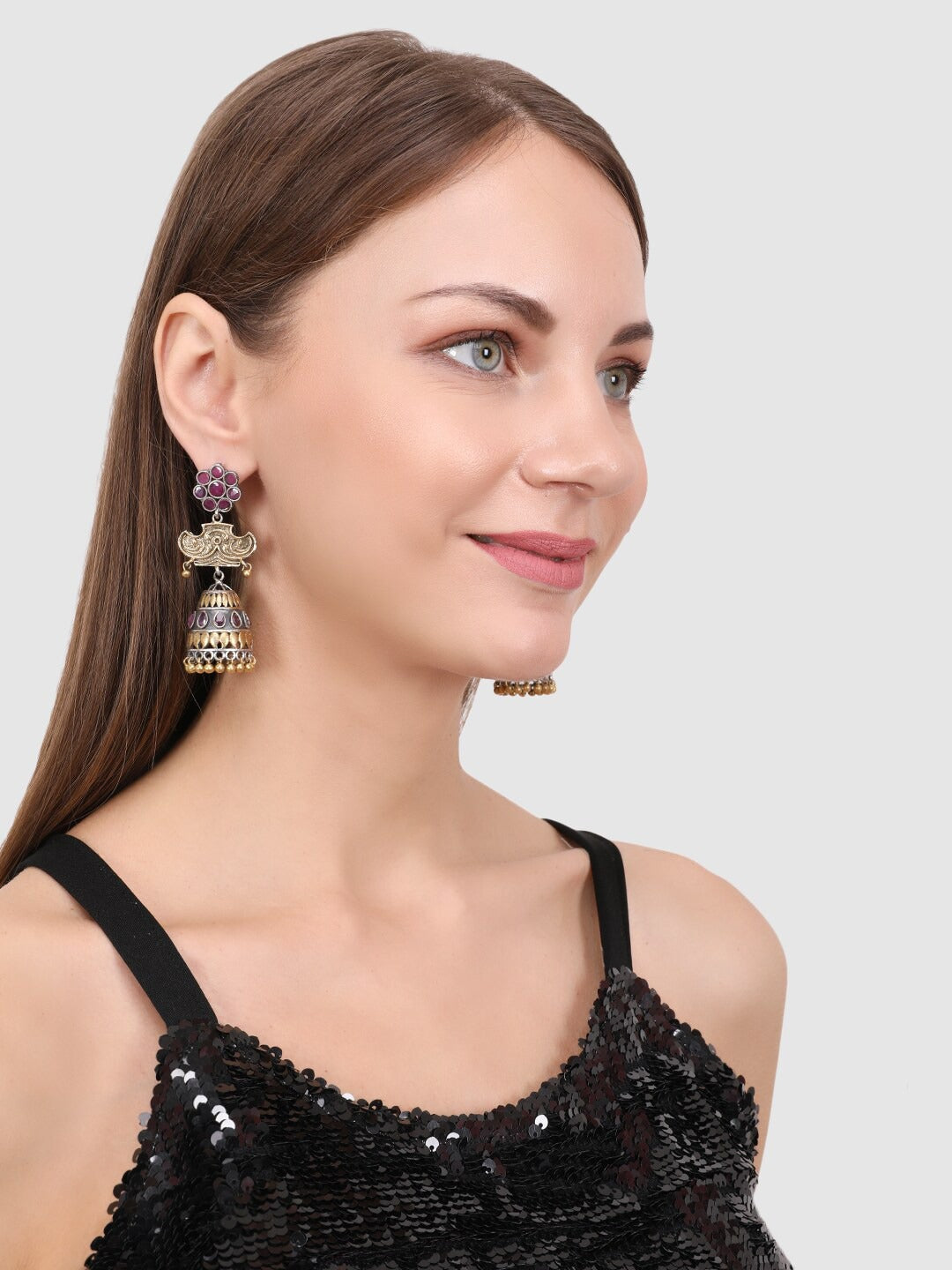 Silver-Toned and Gold-Toned Oxidized Contemporary Jhumkas Earrings