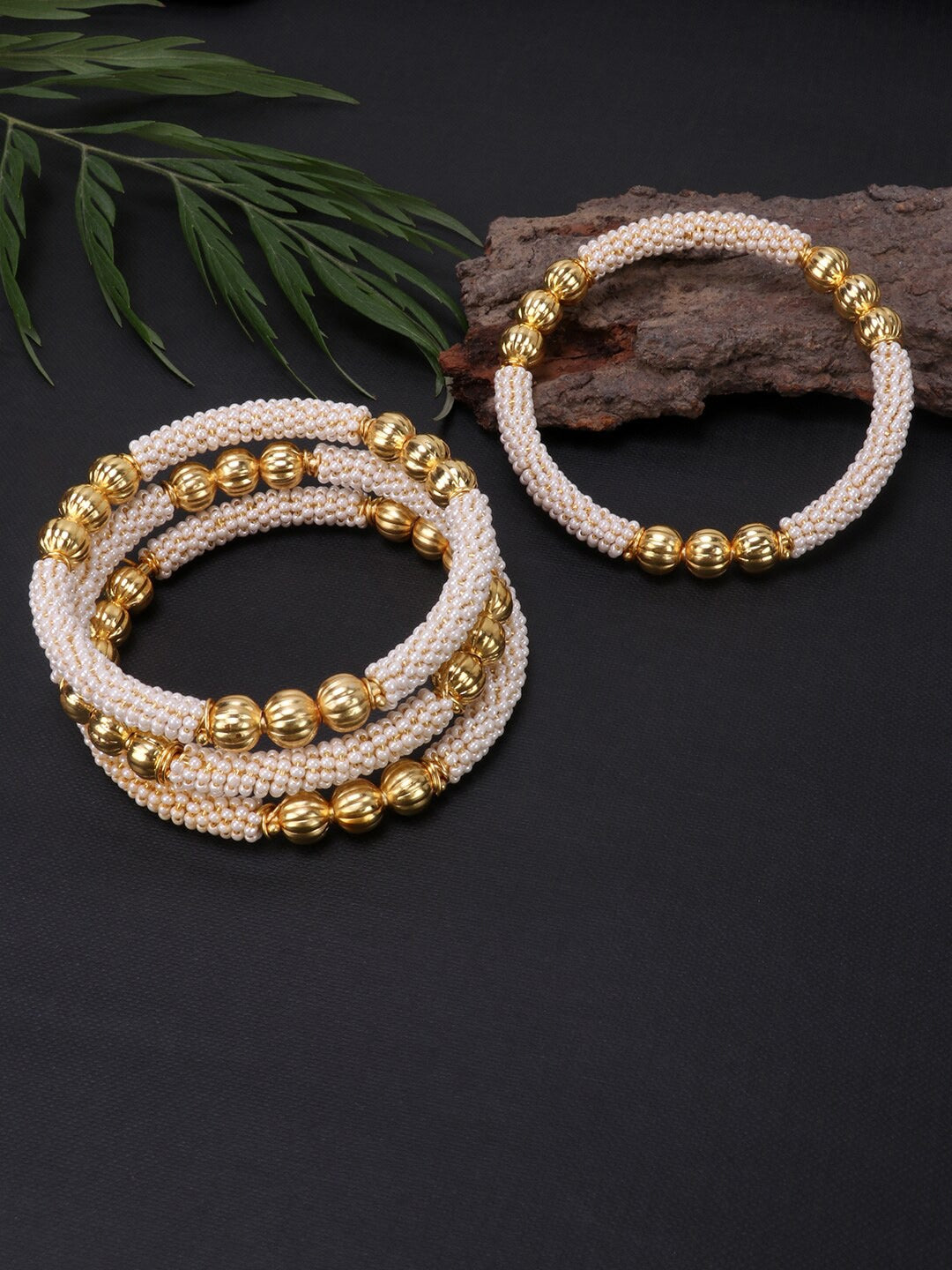 Set Of 4 White Pearl Beaded Handcrafted Bangles