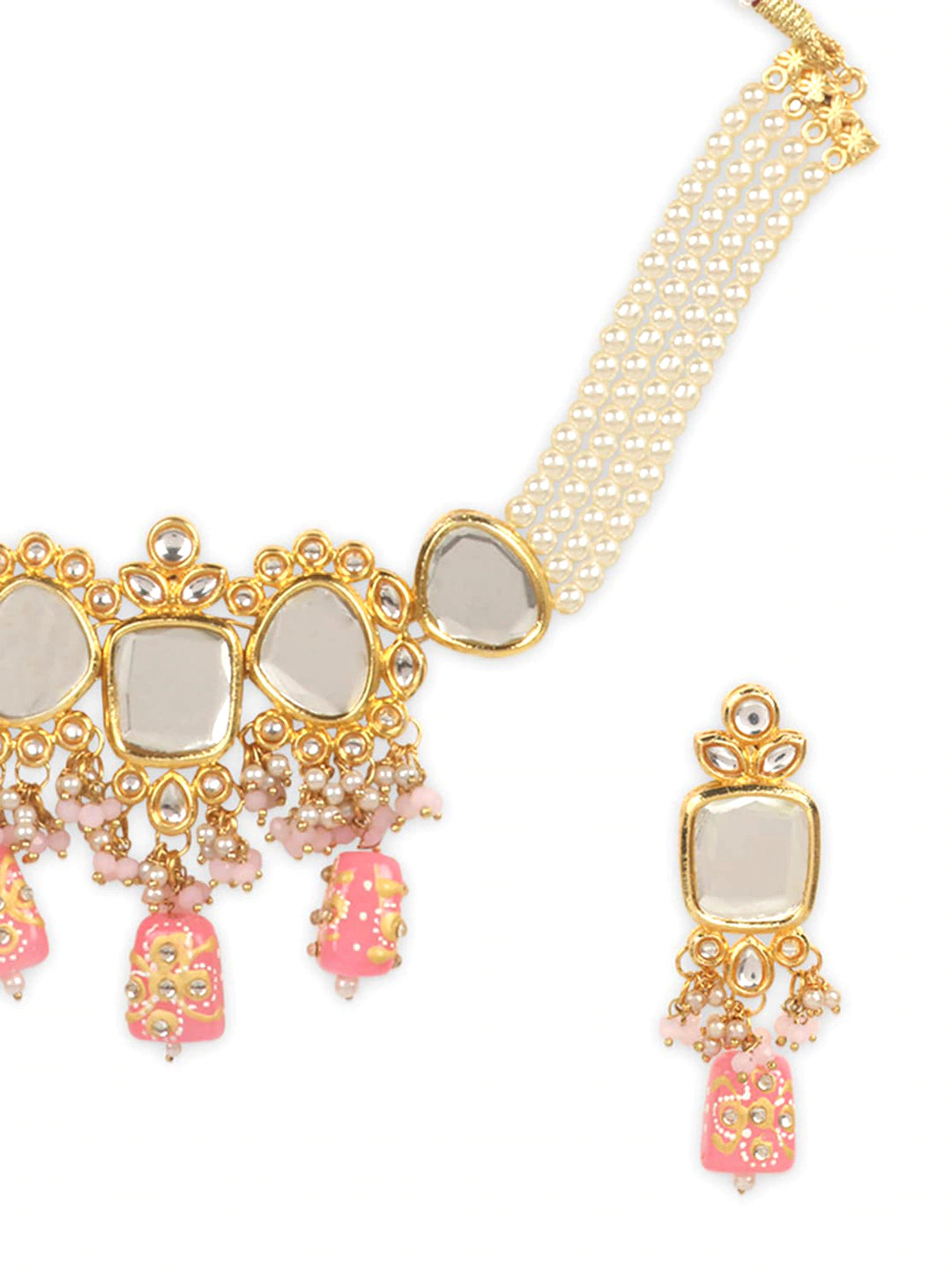 Gold-Plated White & Peach-Coloured Kundan-Studded & Beaded Jewellery Set