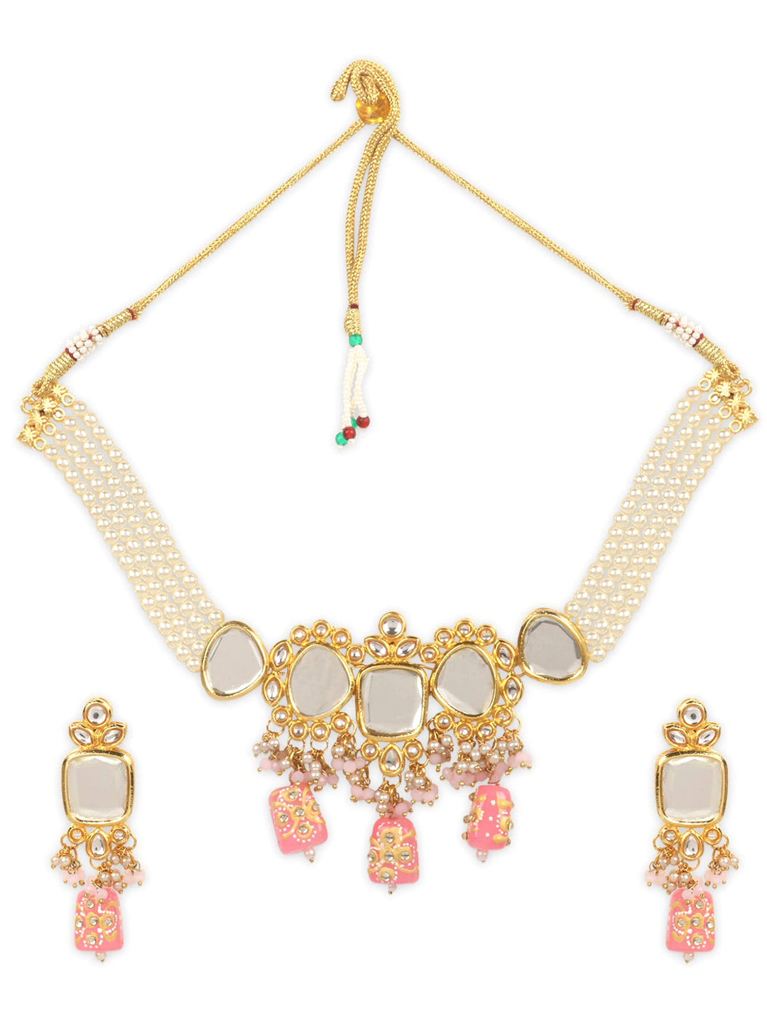 Gold-Plated White & Peach-Coloured Kundan-Studded & Beaded Jewellery Set