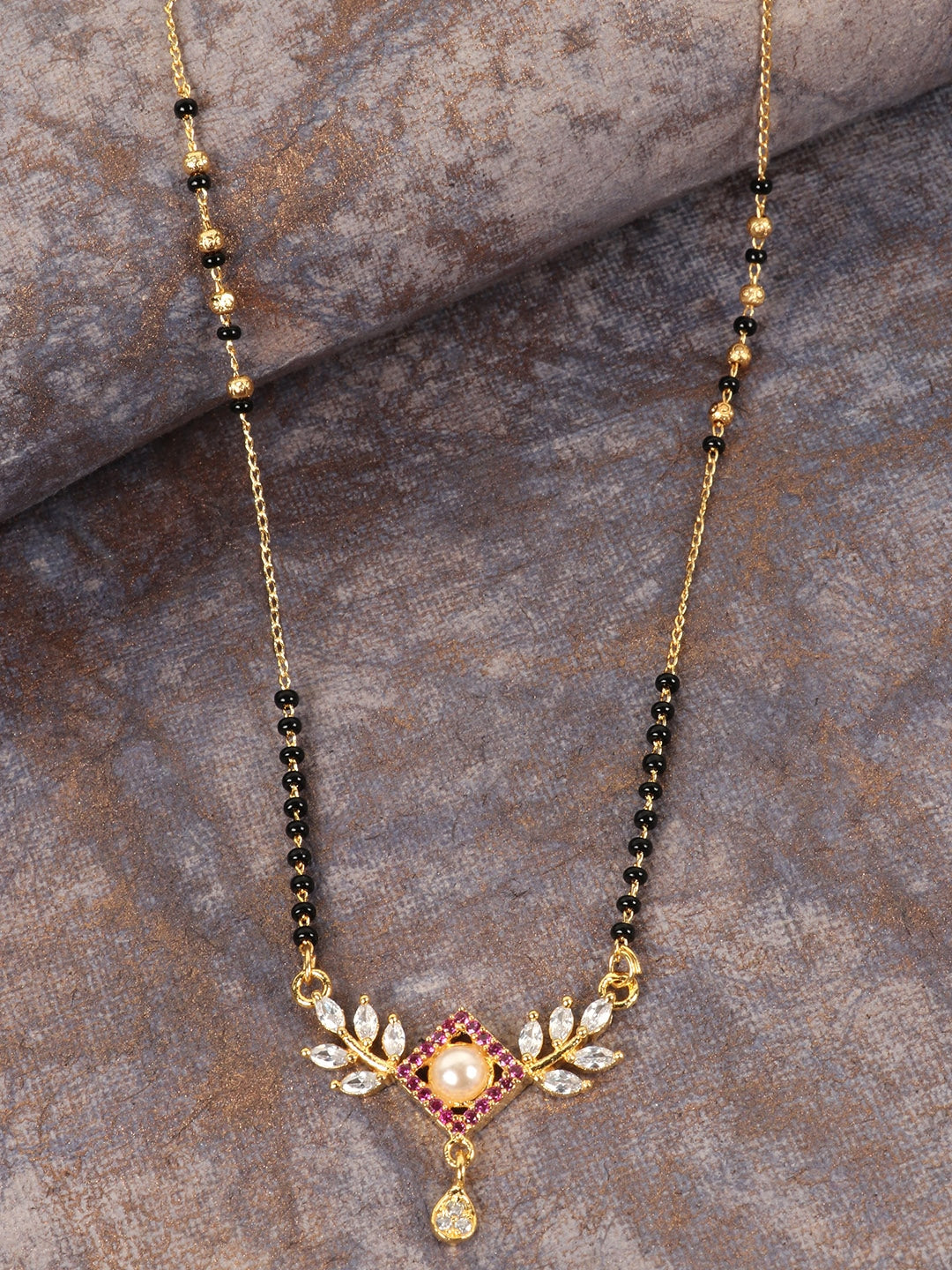 Black & Magenta Gold-Plated Beaded & AD-Studded Mangalsutra