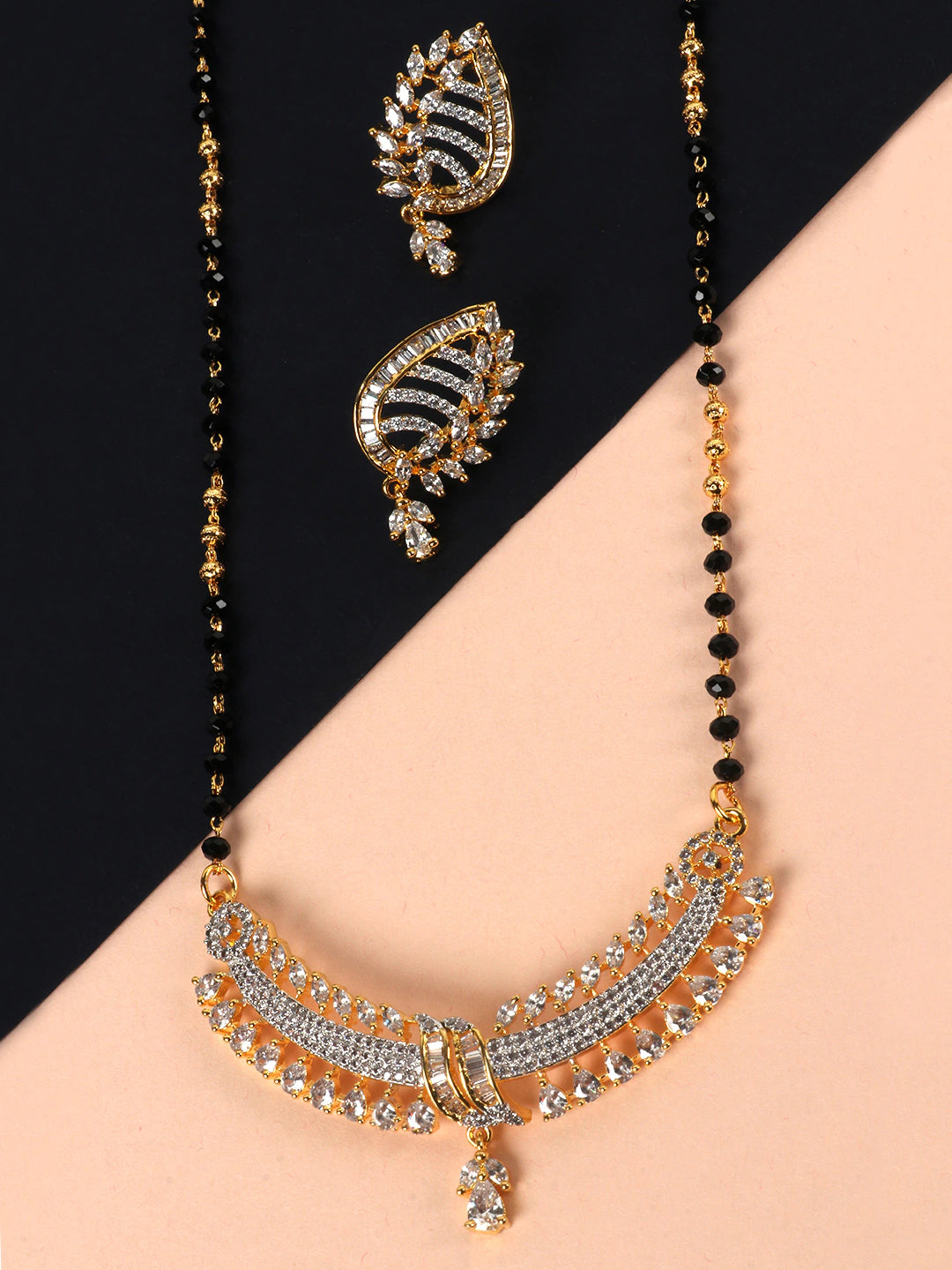 Black Gold-Plated AD-Studded & Beaded Mangalsutra & Earrings Set