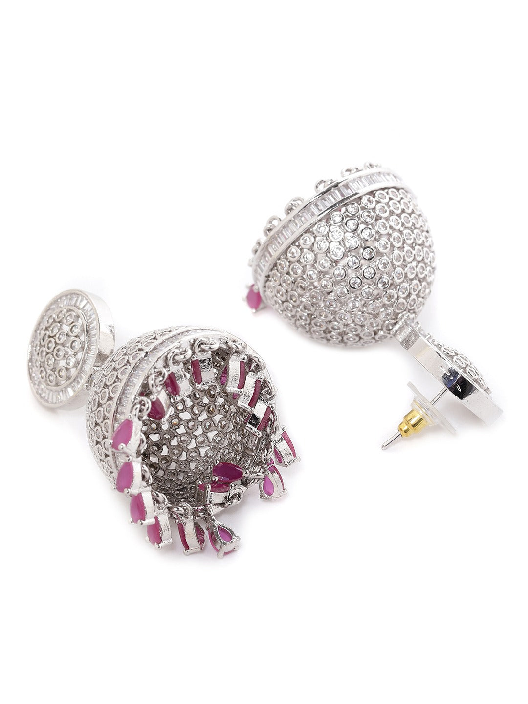 Pink Silver-Plated AD Studded Handcrafted Dome Shaped Jhumkas