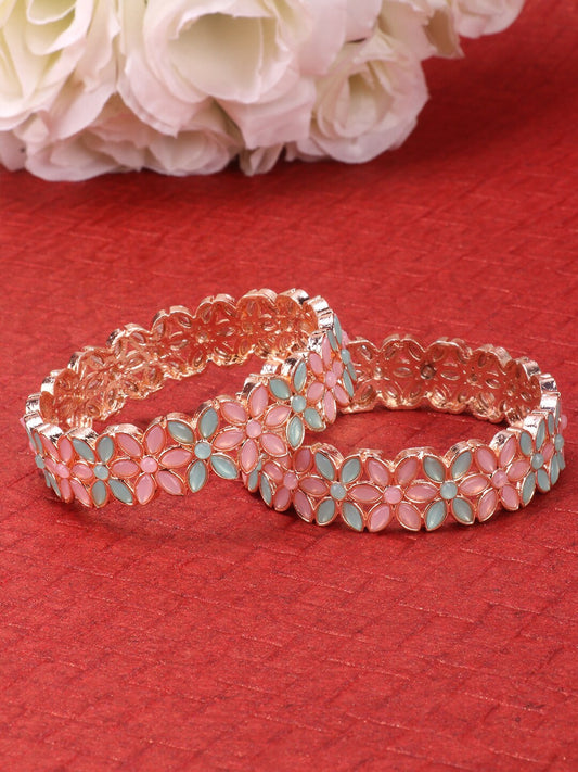 Set Of 2 Gold-Plated Pink & Turquoise Blue Stone-Studded Handcrafted Bangles