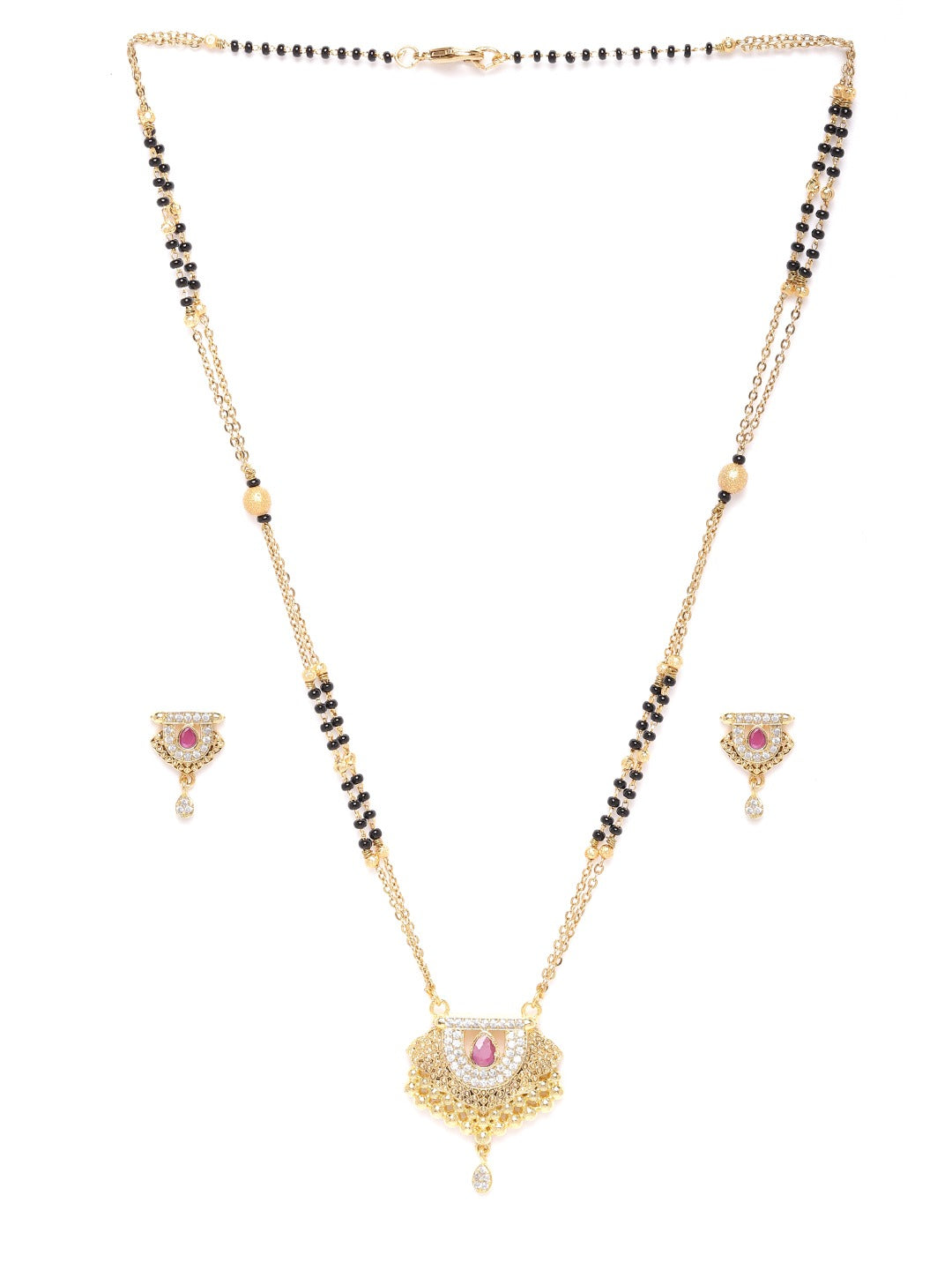 Black & Pink Gold-Plated AD-Studded & Beaded Mangalsutra & Earrings Set