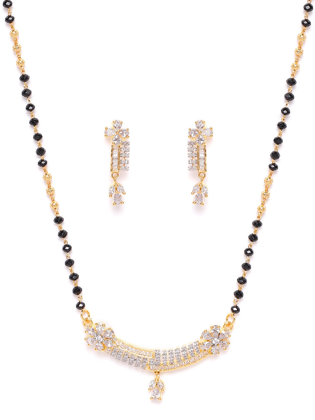 Black Gold-Plated AD-Studded Mangalsutra & Earrings Set