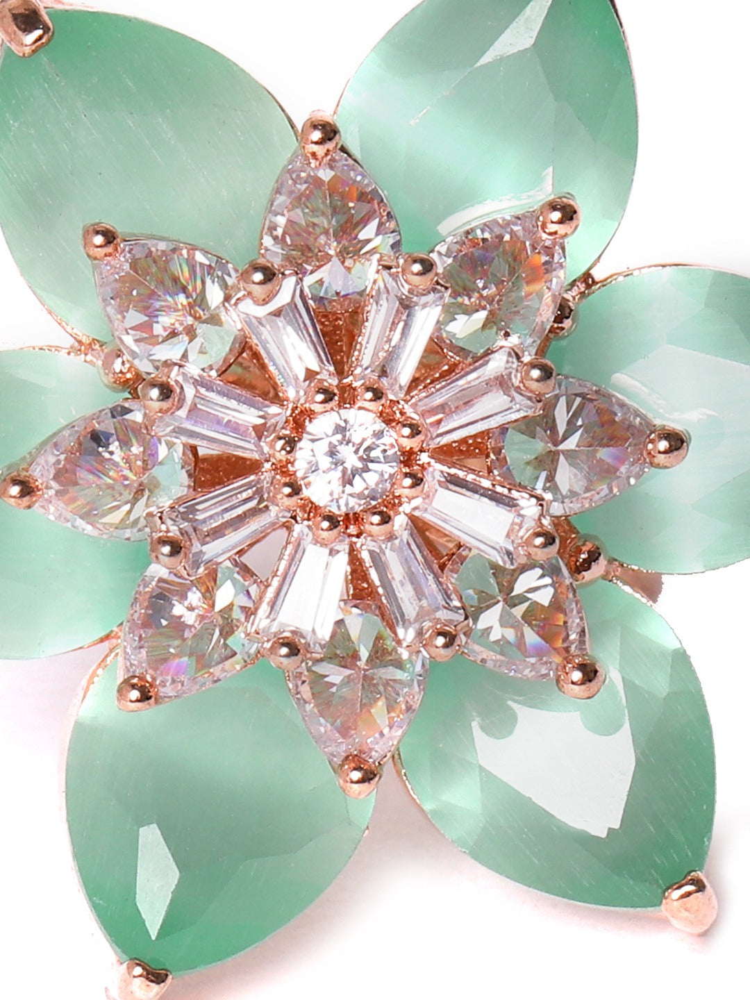 Sea Green Rose Gold-Plated AD-Studded Handcrafted Adjustable Floral Ring