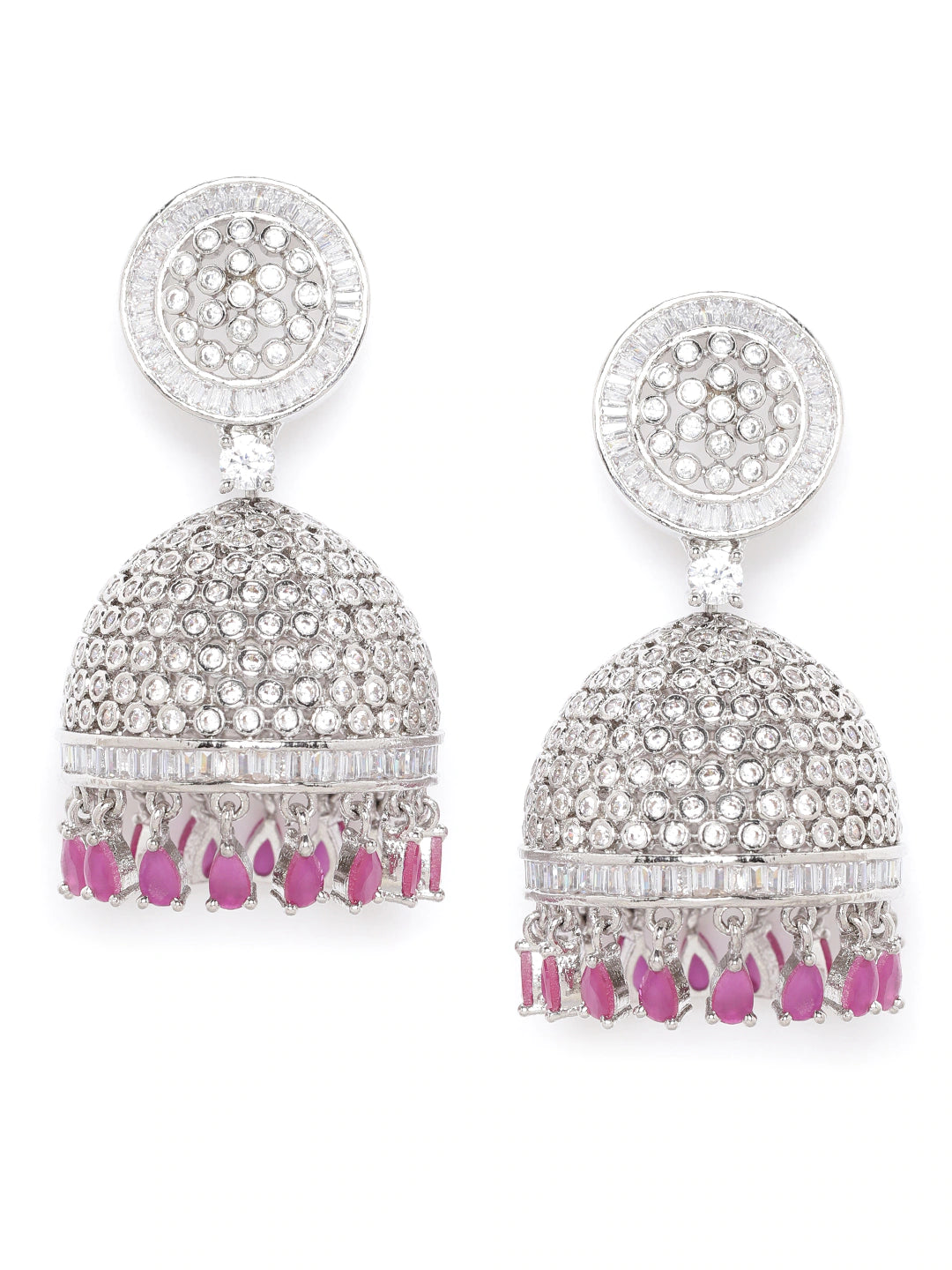 Pink Silver-Plated AD Studded Handcrafted Dome Shaped Jhumkas