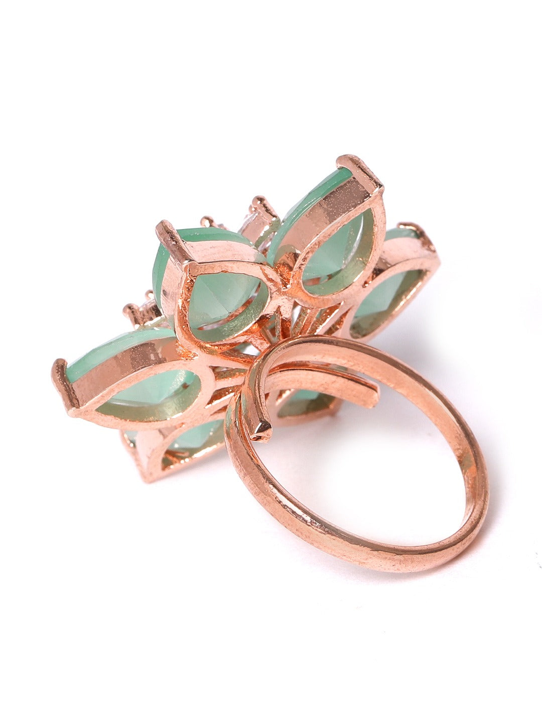 Sea Green Rose Gold-Plated AD-Studded Handcrafted Adjustable Floral Ring