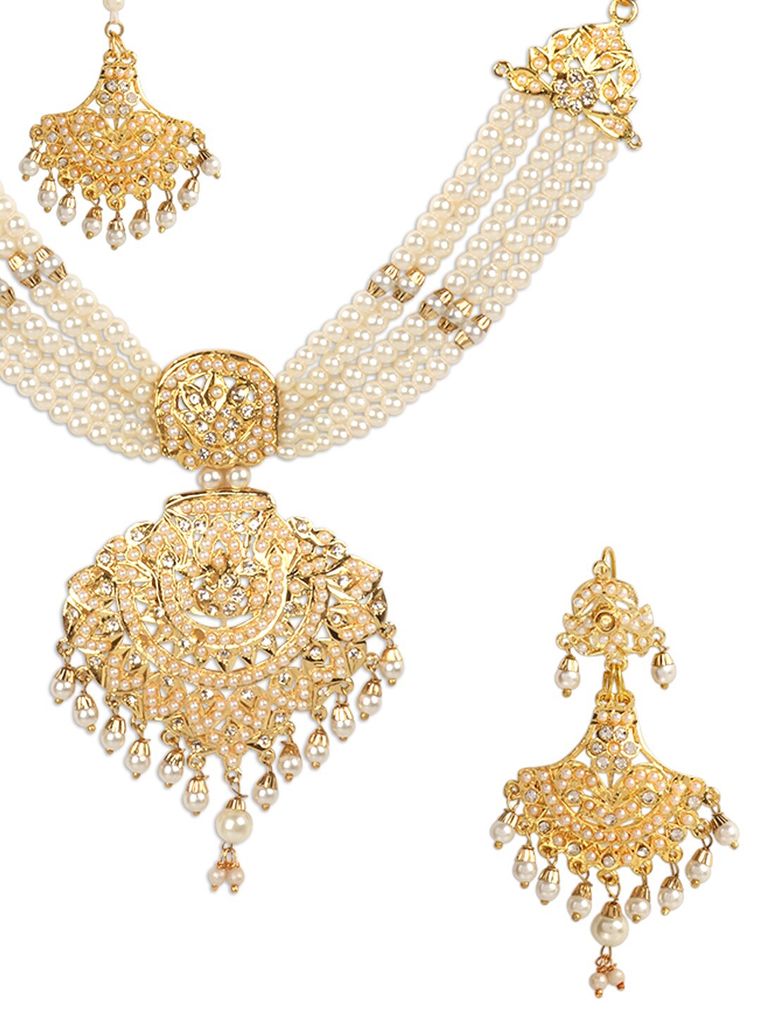 Gold-Plated White Pearl Beaded Jadau Traditional Jewellery Set