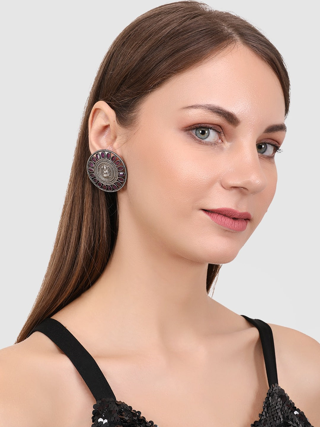Silver-Toned and Silver-Plated Oxidised Circular Studs Earrings