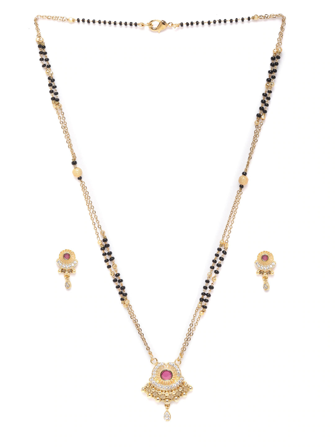 Black & Pink Gold-Plated AD-Studded & Beaded Mangalsutra & Earrings Set