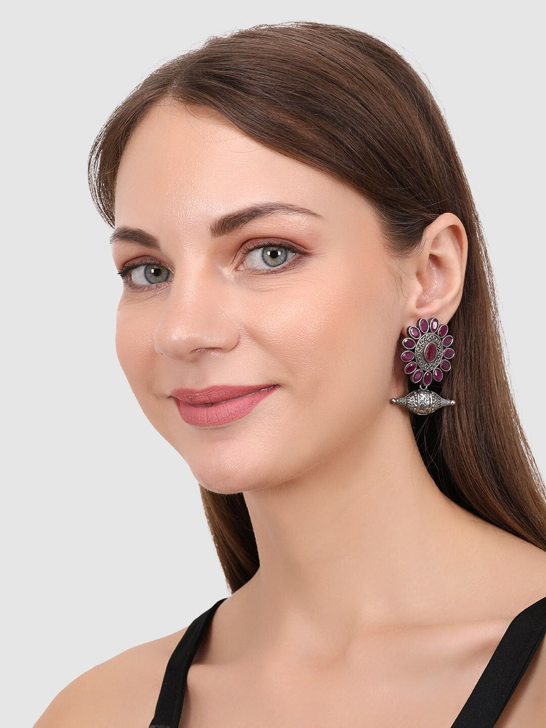 Silver-Toned & Pink Oxidised Floral Drop Earrings