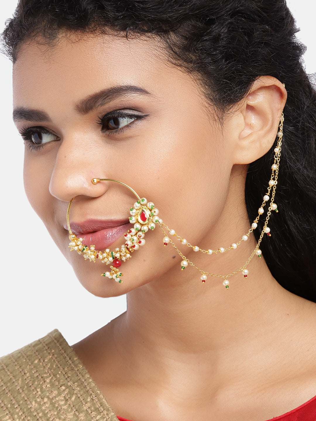 Red & Off-White Gold-Plated CZ-Studded & Beaded Chained Nose Ring
