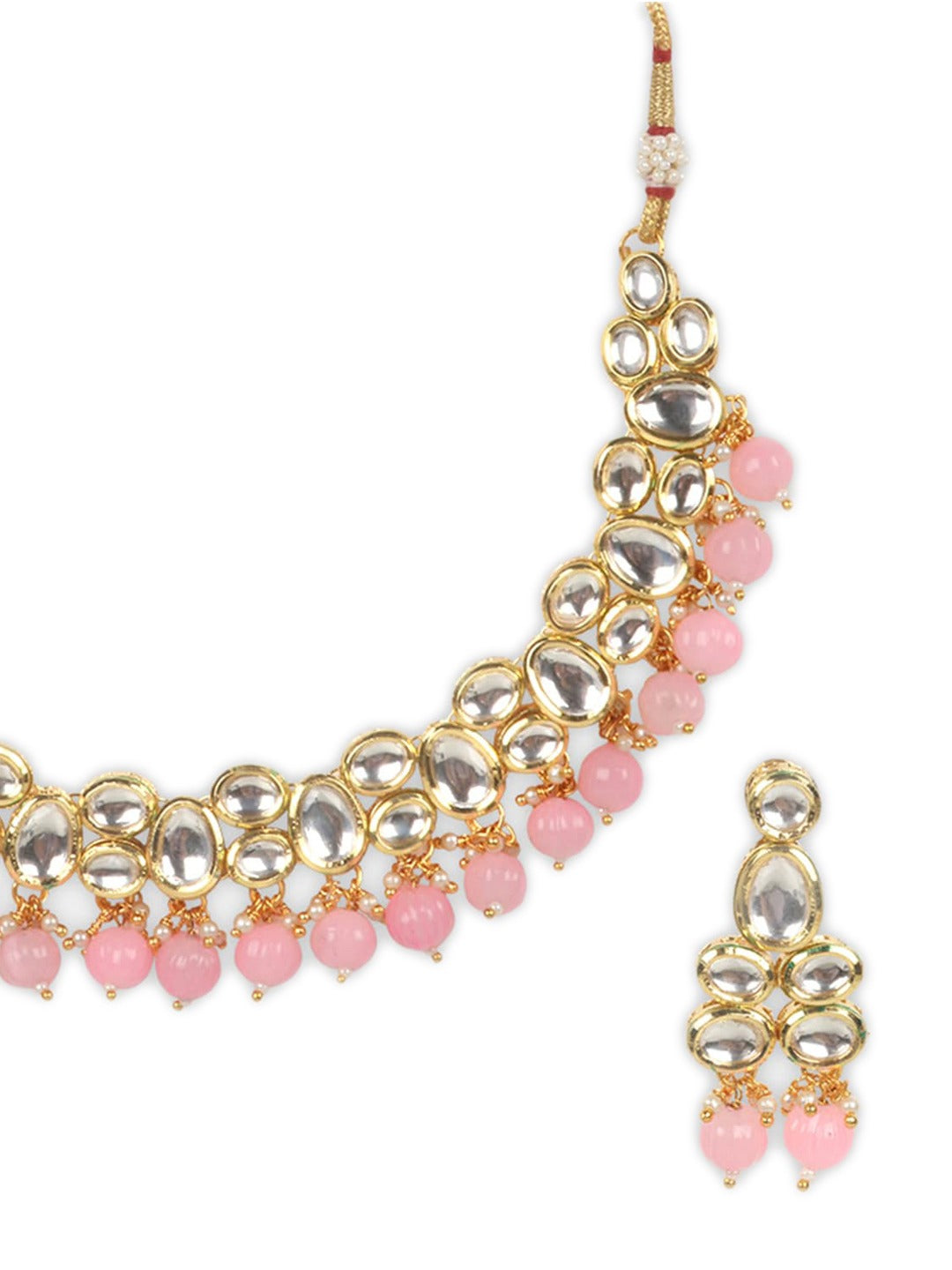 Gold-Plated White & Pink Kundan-Studded & Beaded Jewellery Set