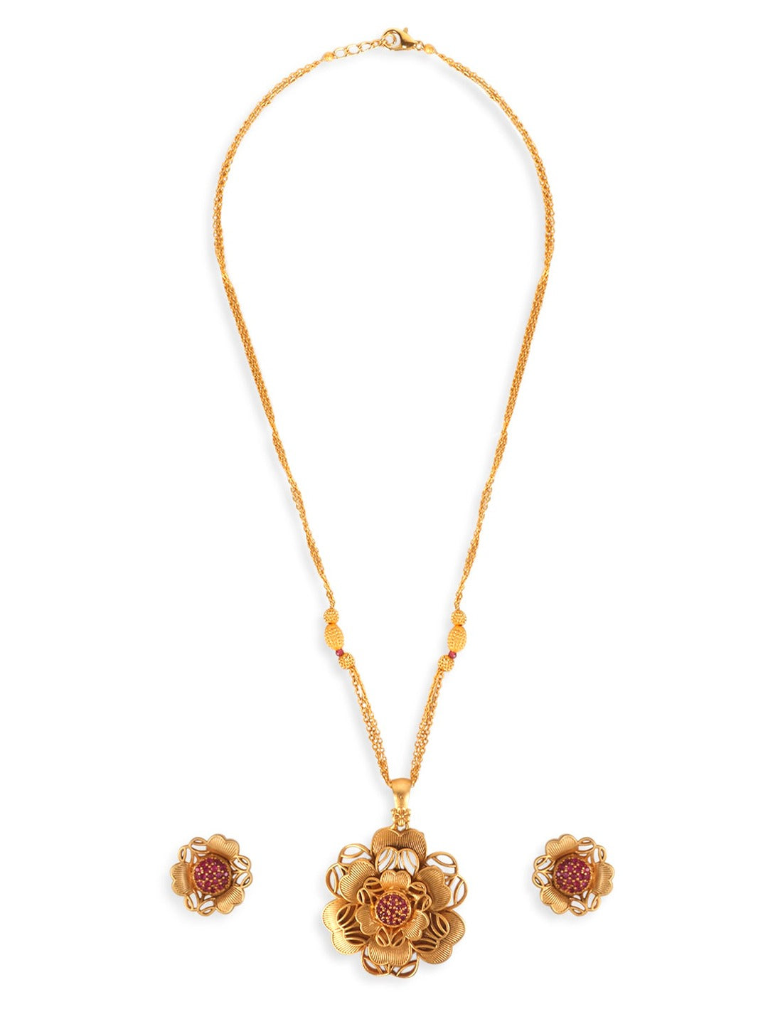 Gold-Plated & Pink Self Designer Floral Pendant & Earring Set