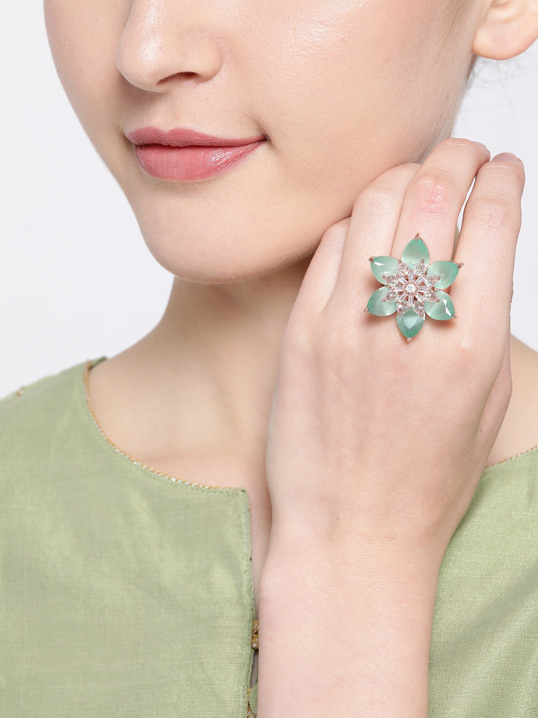 Sea Green Rose Gold-Plated AD-Studded Handcrafted Adjustable Floral Ring