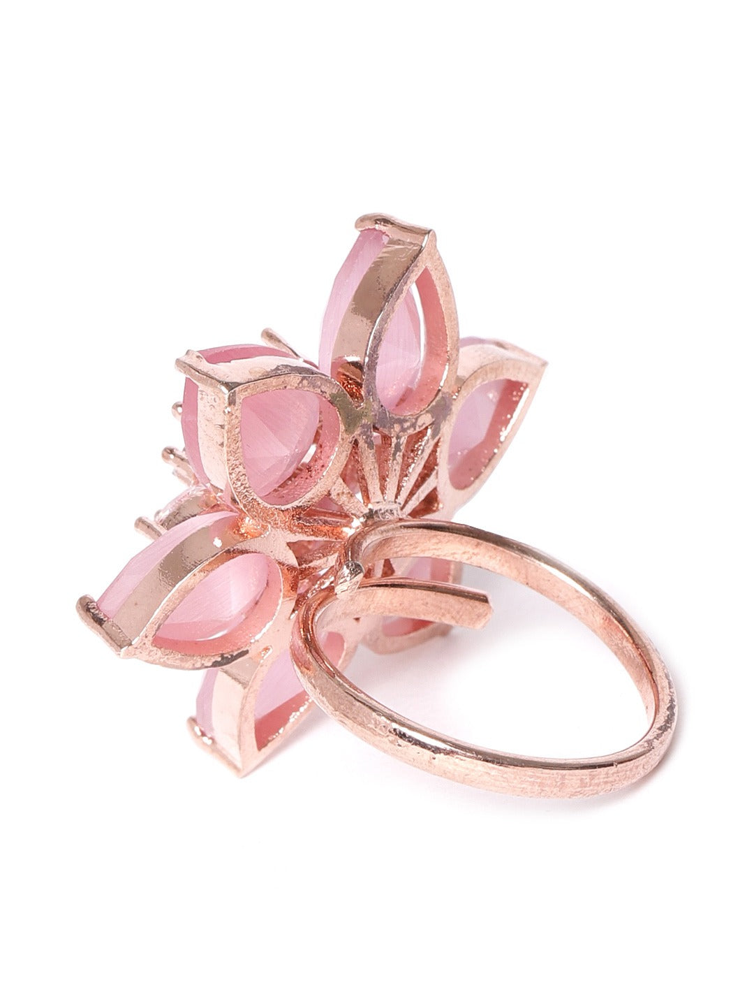 Pink Rose Gold-Plated AD-Studded Handcrafted Adjustable Floral Finger Ring