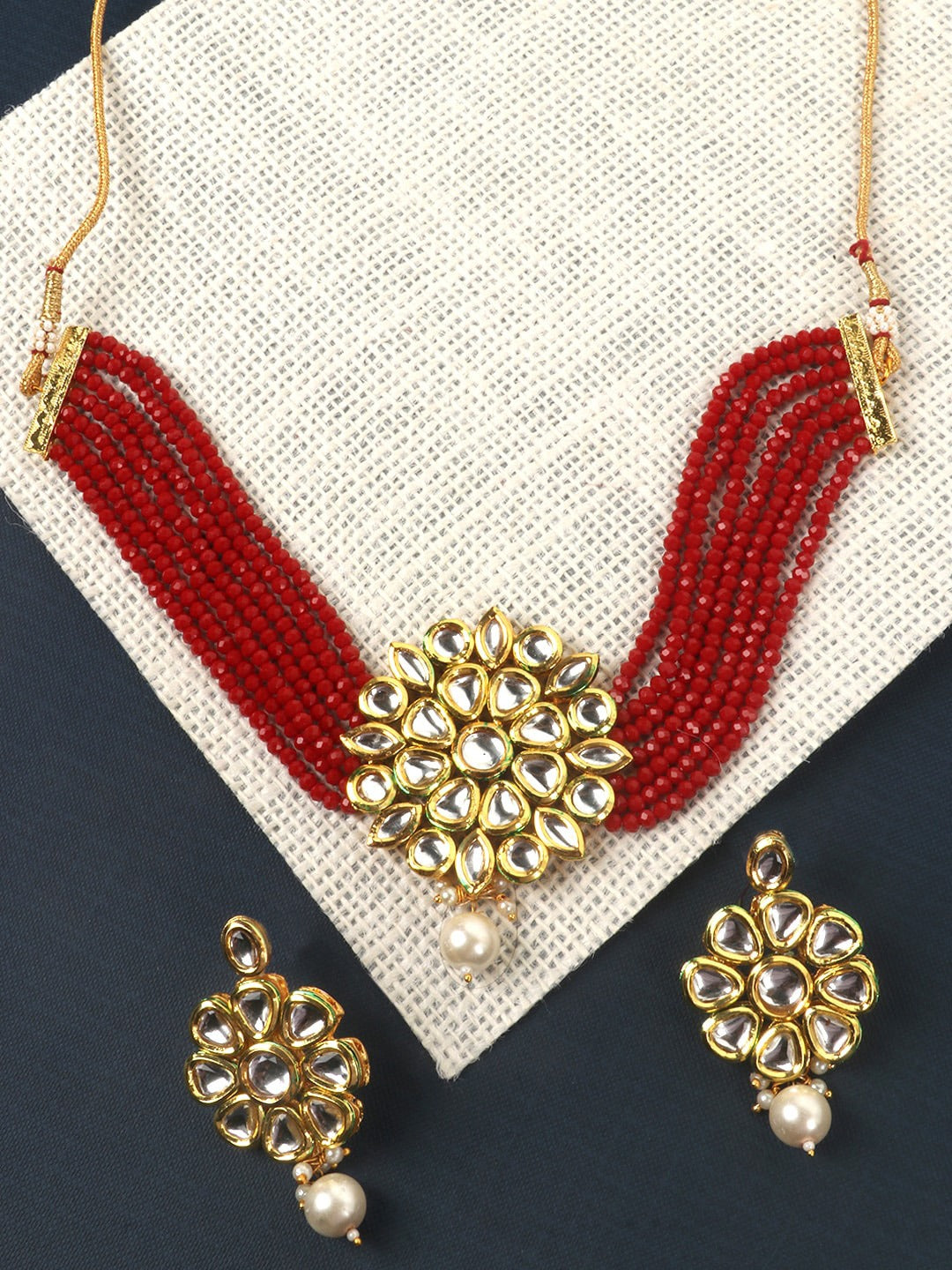 Gold-Plated Red & White Kundan-Studded Beaded Chokers With Earrings