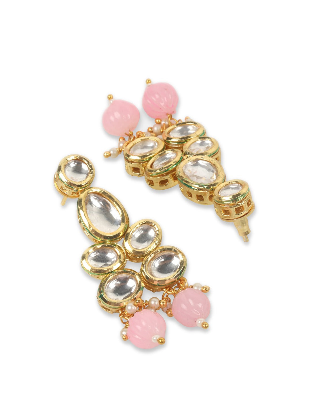Gold-Plated White & Pink Kundan-Studded & Beaded Jewellery Set