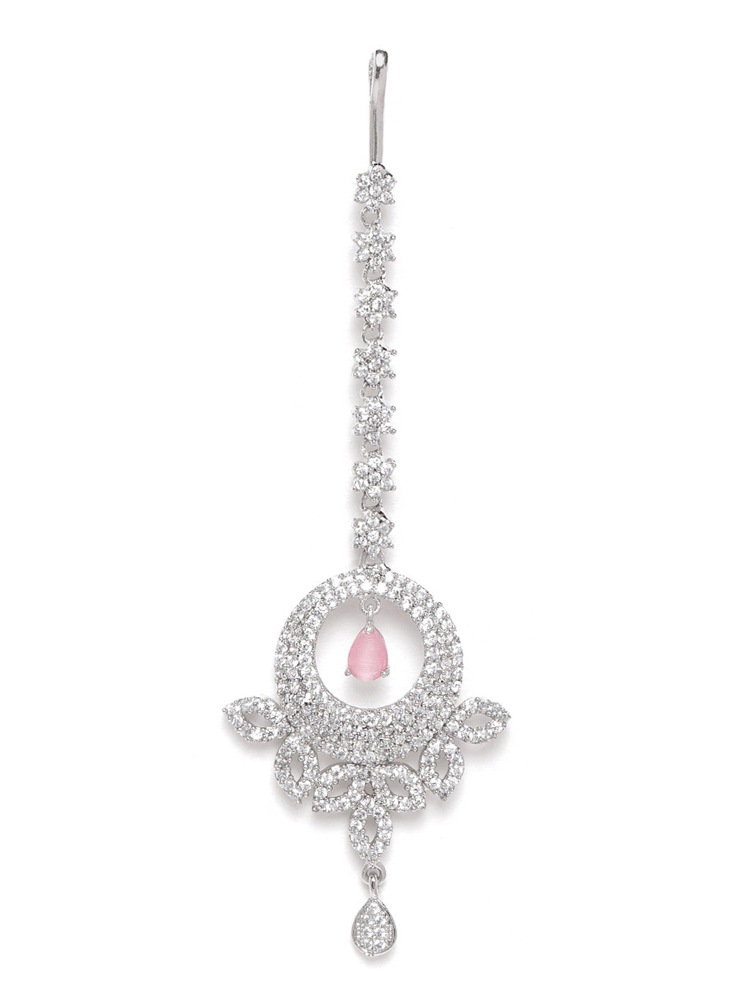 Pink Silver-Plated CZ Stone-Studded Handcrafted Maang Tika